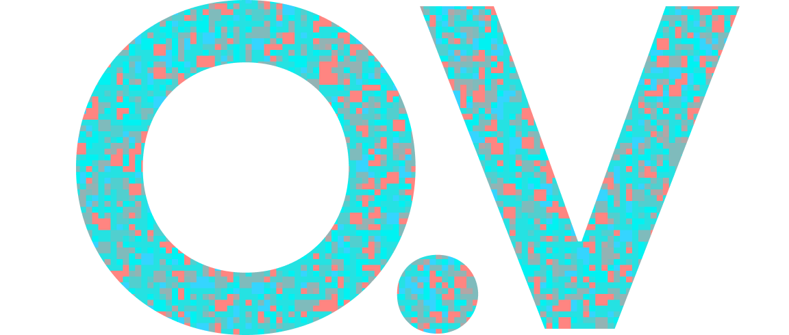 O.V monogram filled with the Open.Video pixel mosaic