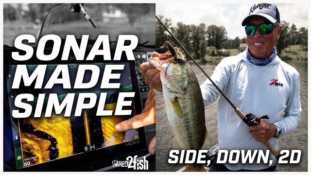 An angler holding a largemouth bass beside a sonar screen, from a Wired2Fish sonar tutorial