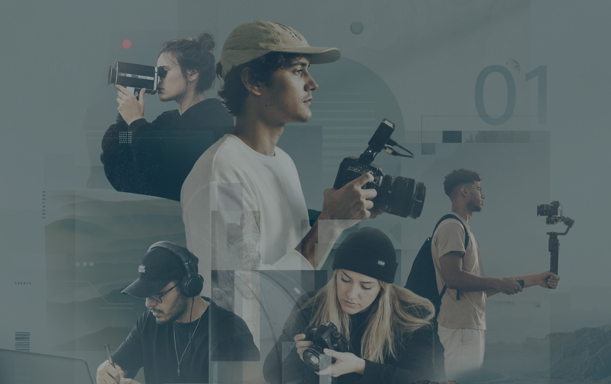 A collage of creators filming, editing, and shooting with cameras and gimbals
